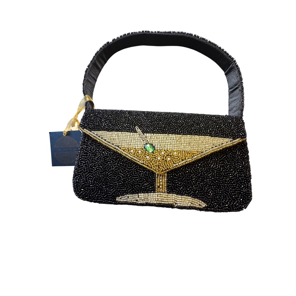 From India To You Beaded Martini Cocktail Evening Bag Black Gold New